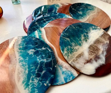 Resiin coasters made with sand from Bovisand beach