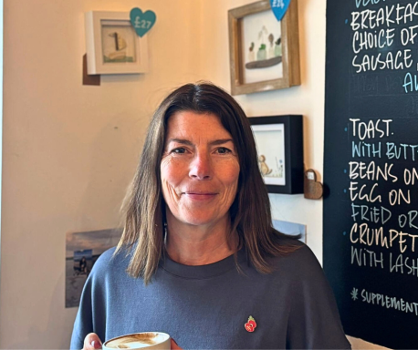 Rachel from Seaglass Plaice enjoying a coffee